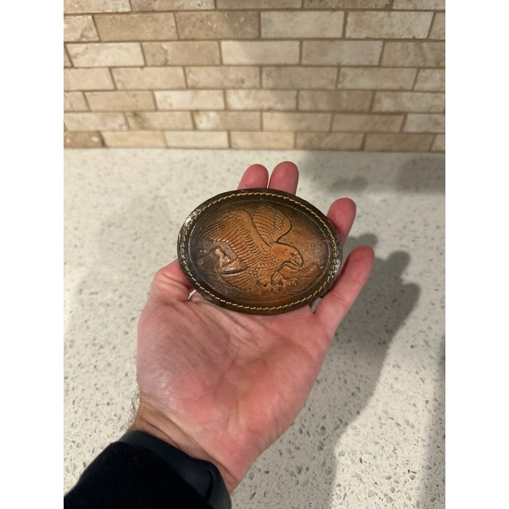HAND MADE TOOLED LEATHER FLYING EAGLE BELT BUCKLE OVAL ARTISAN HANDCRAFTED